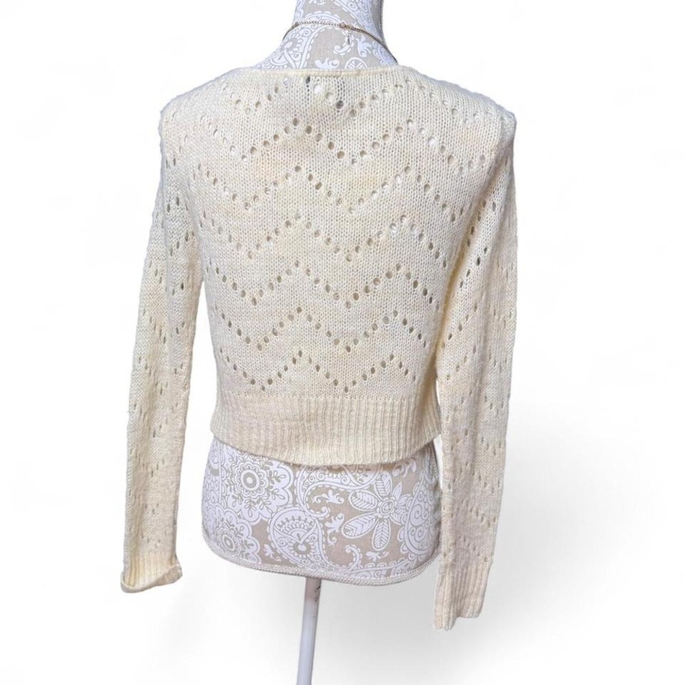 Coolwear Cream Knit Cardigan M Ribbon Tie Front Eyelet Cropped Sweater Y2K - Picture 4 of 6
